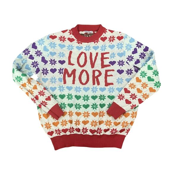 Hulu Love More Rainbow Heart Snowflake Christmas Sweater Men XL Graphic Pullover - Picture 1 of 10